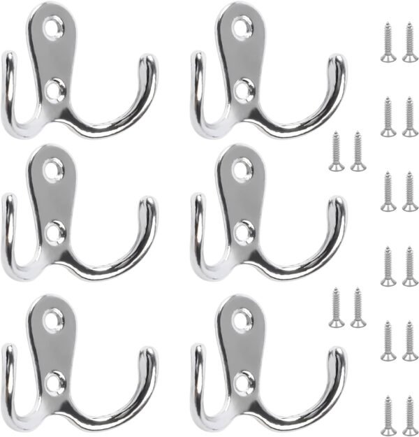 6 PCS Double Prong Robe Hooks Dual Coat Door Hooks with 16 PCS Screws Chrome Wall Mounted Hooks for Hanging Hat Tie Clothes Towel Metal Retro Cloth Hanger...